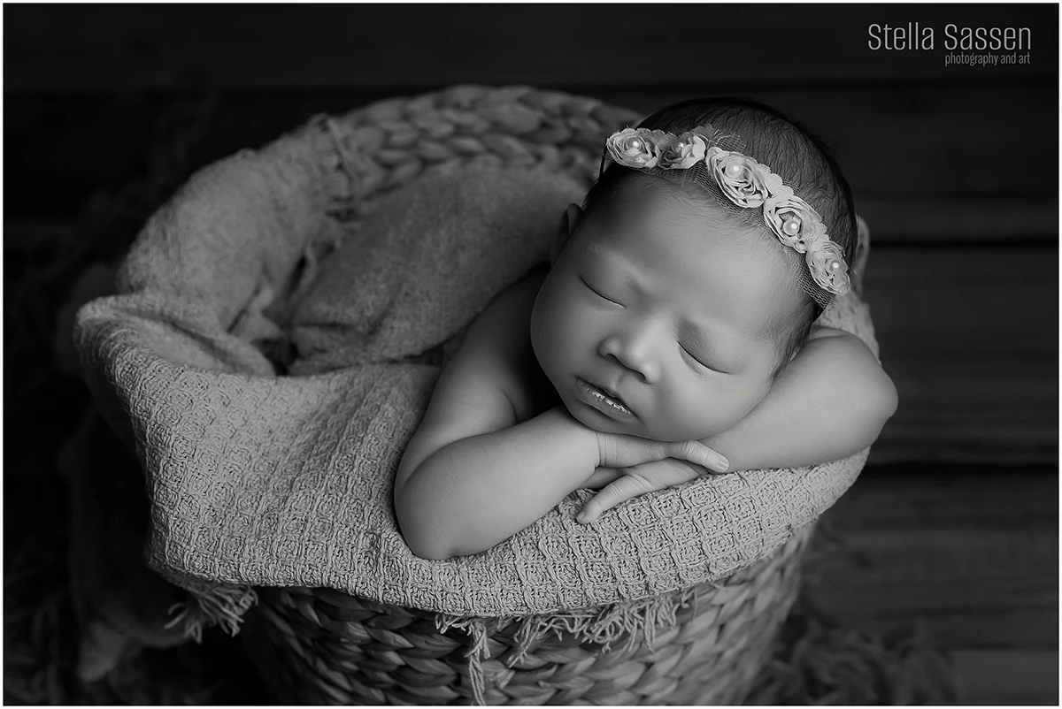 Black and white portrait of newborn baby posing in basket